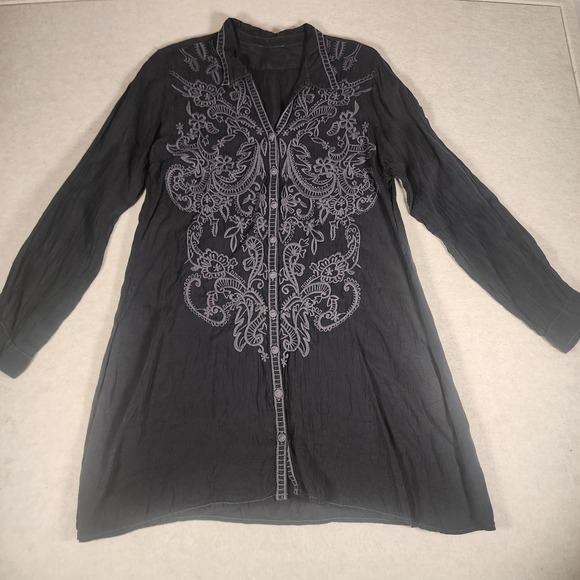 Embroidered Tunic Top Long Sleeve Button Front Boho Casual Dressy - Picture 1 of 8